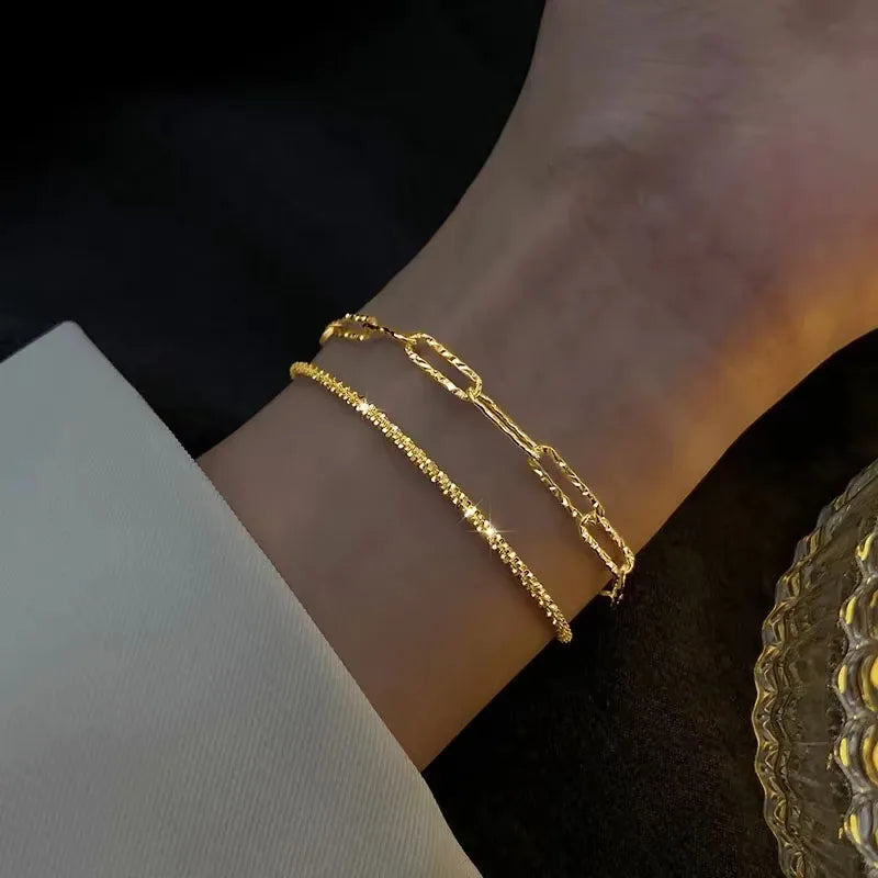 Bracelet double rang doré avec zircon scintillant, bijou de luxe tendance