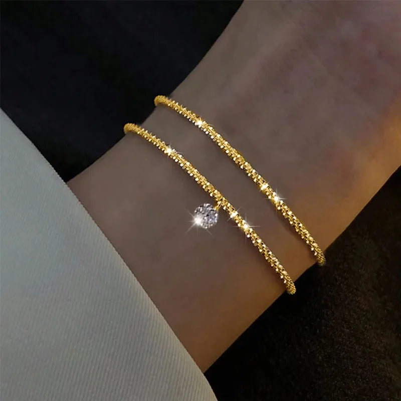 Bracelet double rang doré avec zircon scintillant, bijou de luxe tendance