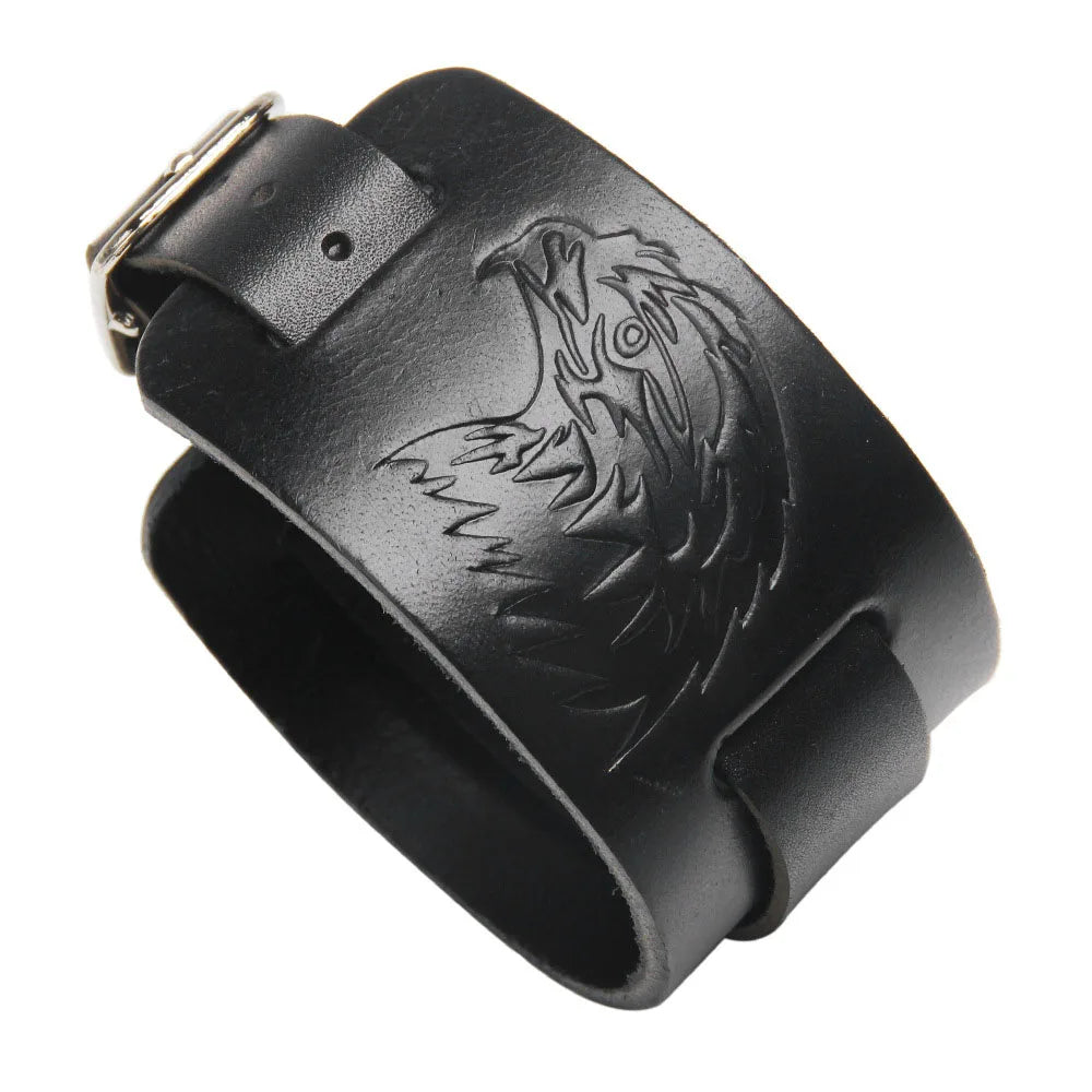 Pulsera ancha de cuero genuino para hombre, estilo punk, ajustable con doble hebilla.