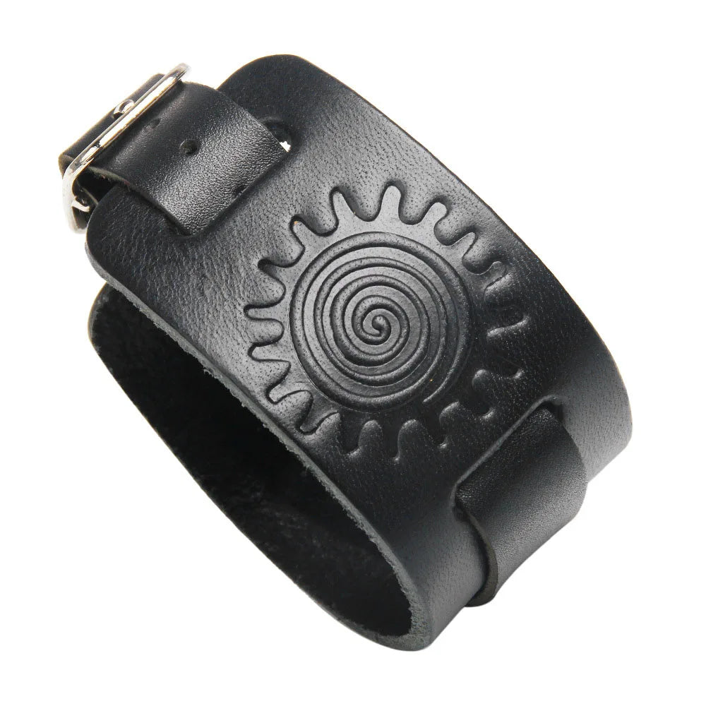 Pulsera ancha de cuero genuino para hombre, estilo punk, ajustable con doble hebilla.
