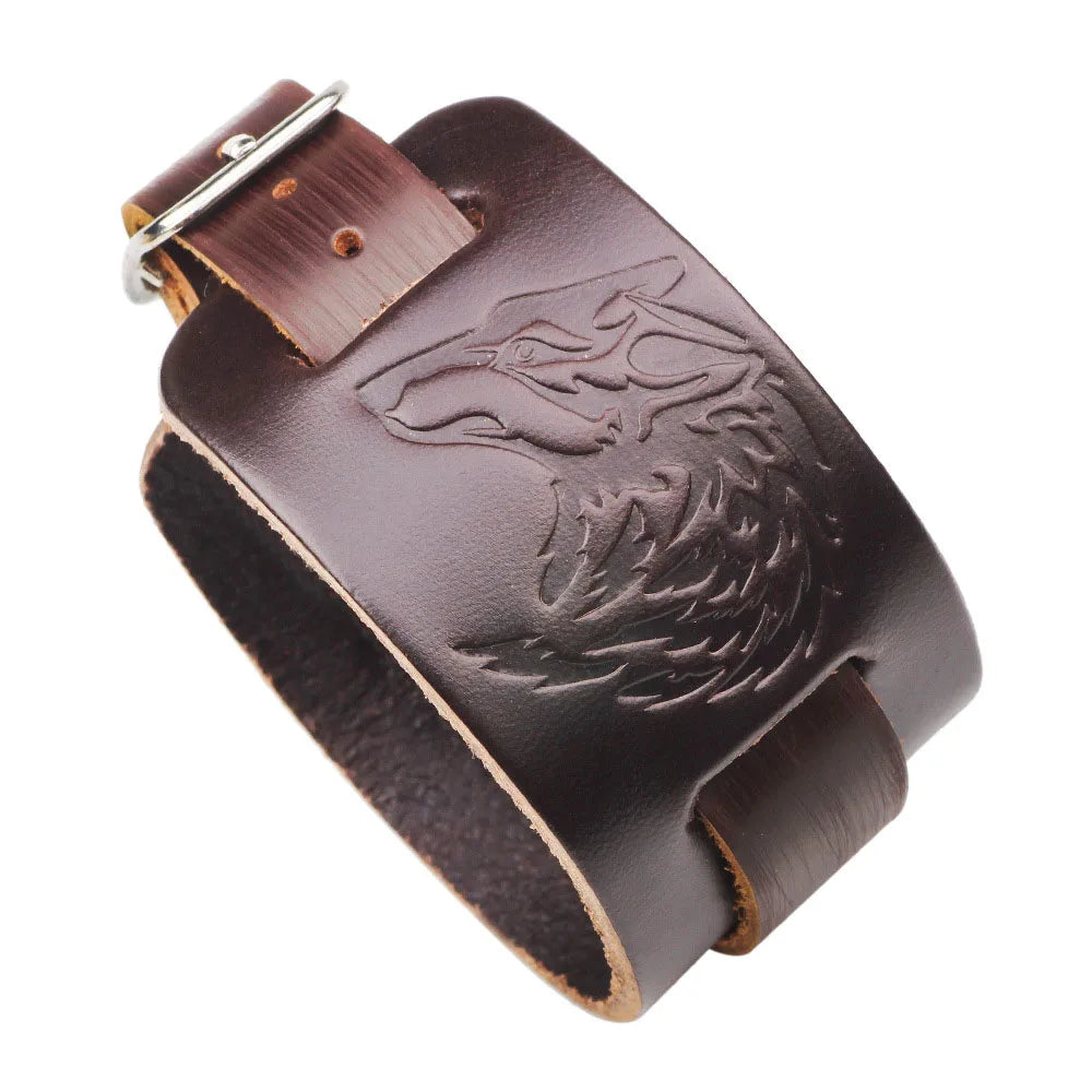 Pulsera ancha de cuero genuino para hombre, estilo punk, ajustable con doble hebilla.
