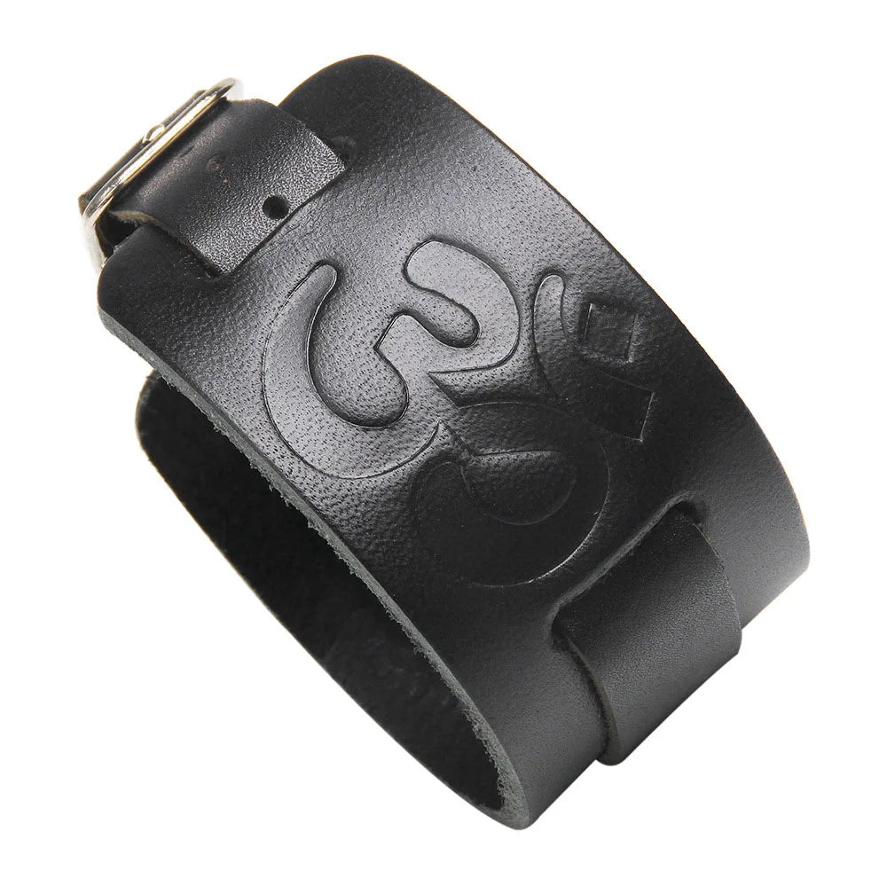Pulsera ancha de cuero genuino para hombre, estilo punk, ajustable con doble hebilla.