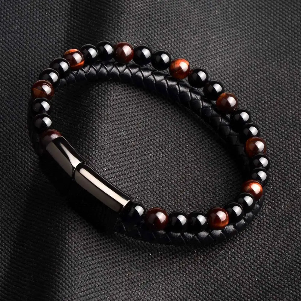 Pulsera de ojo de tigre para hombre: cuero auténtico y acero magnético negro