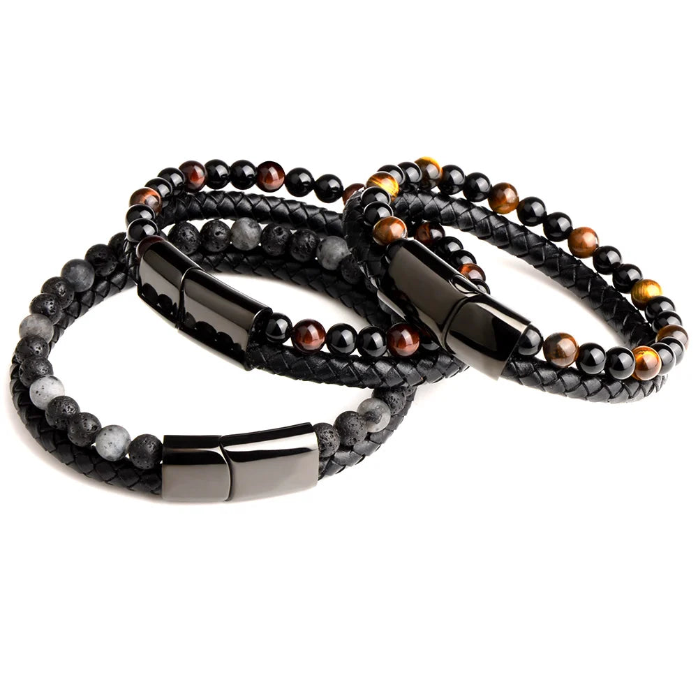 Pulsera de ojo de tigre para hombre: cuero auténtico y acero magnético negro