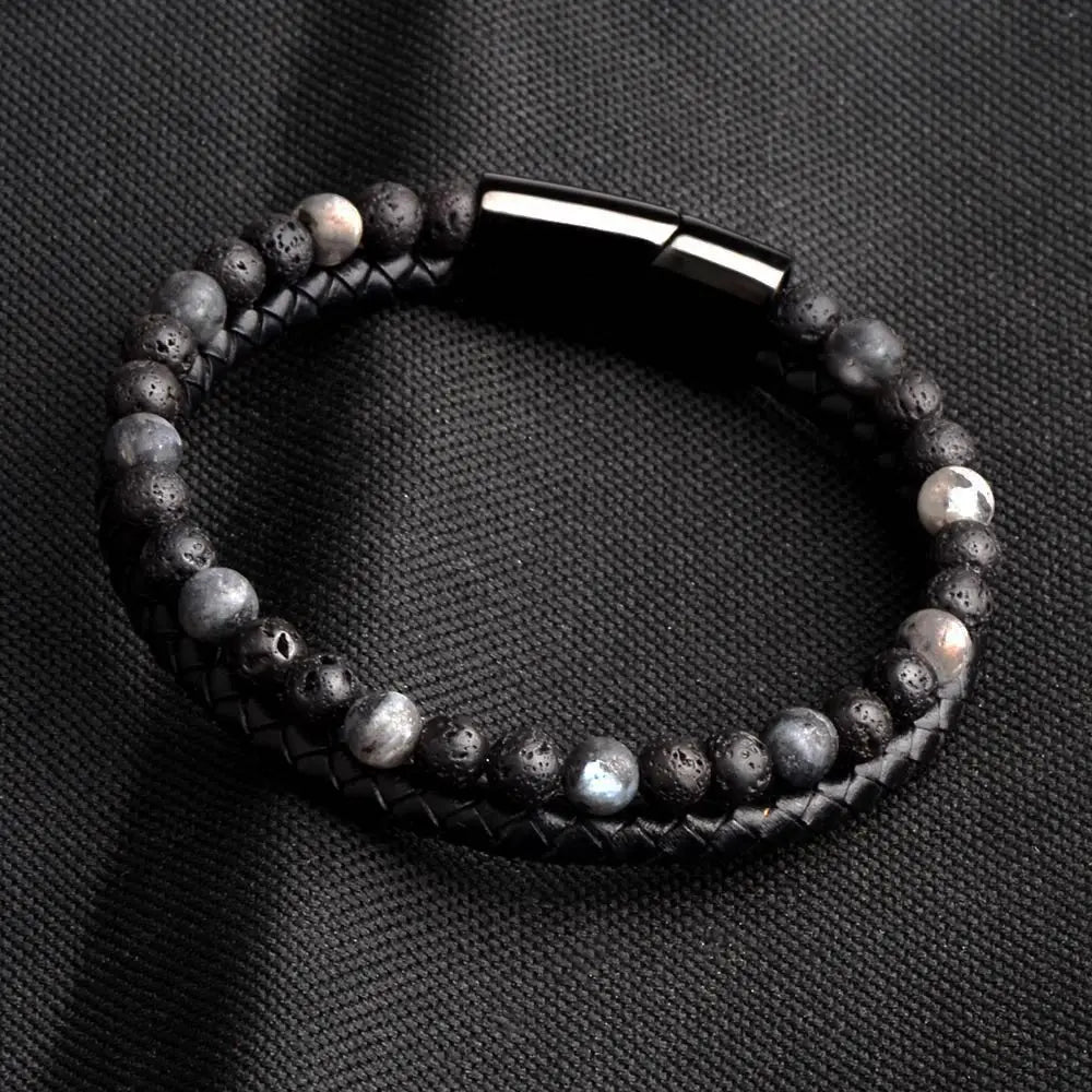 Pulsera de ojo de tigre para hombre: cuero auténtico y acero magnético negro