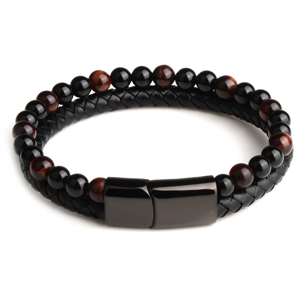Pulsera de ojo de tigre para hombre: cuero auténtico y acero magnético negro