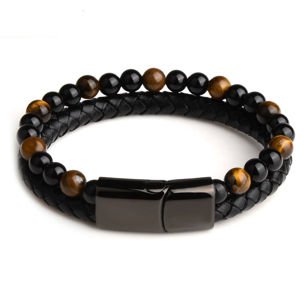 Pulsera de ojo de tigre para hombre: cuero auténtico y acero magnético negro