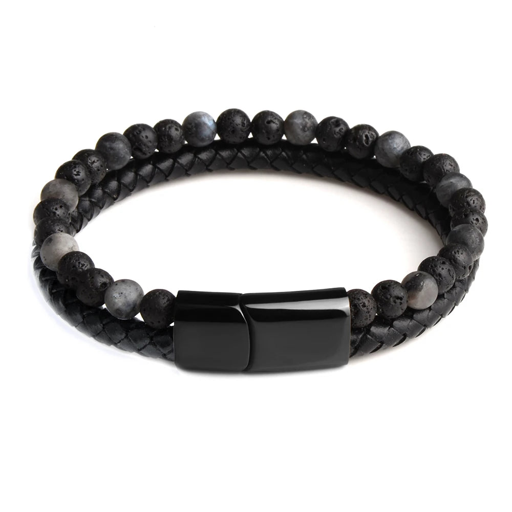 Pulsera de ojo de tigre para hombre: cuero auténtico y acero magnético negro