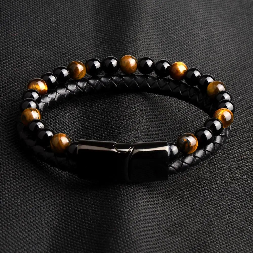 Pulsera de ojo de tigre para hombre: cuero auténtico y acero magnético negro