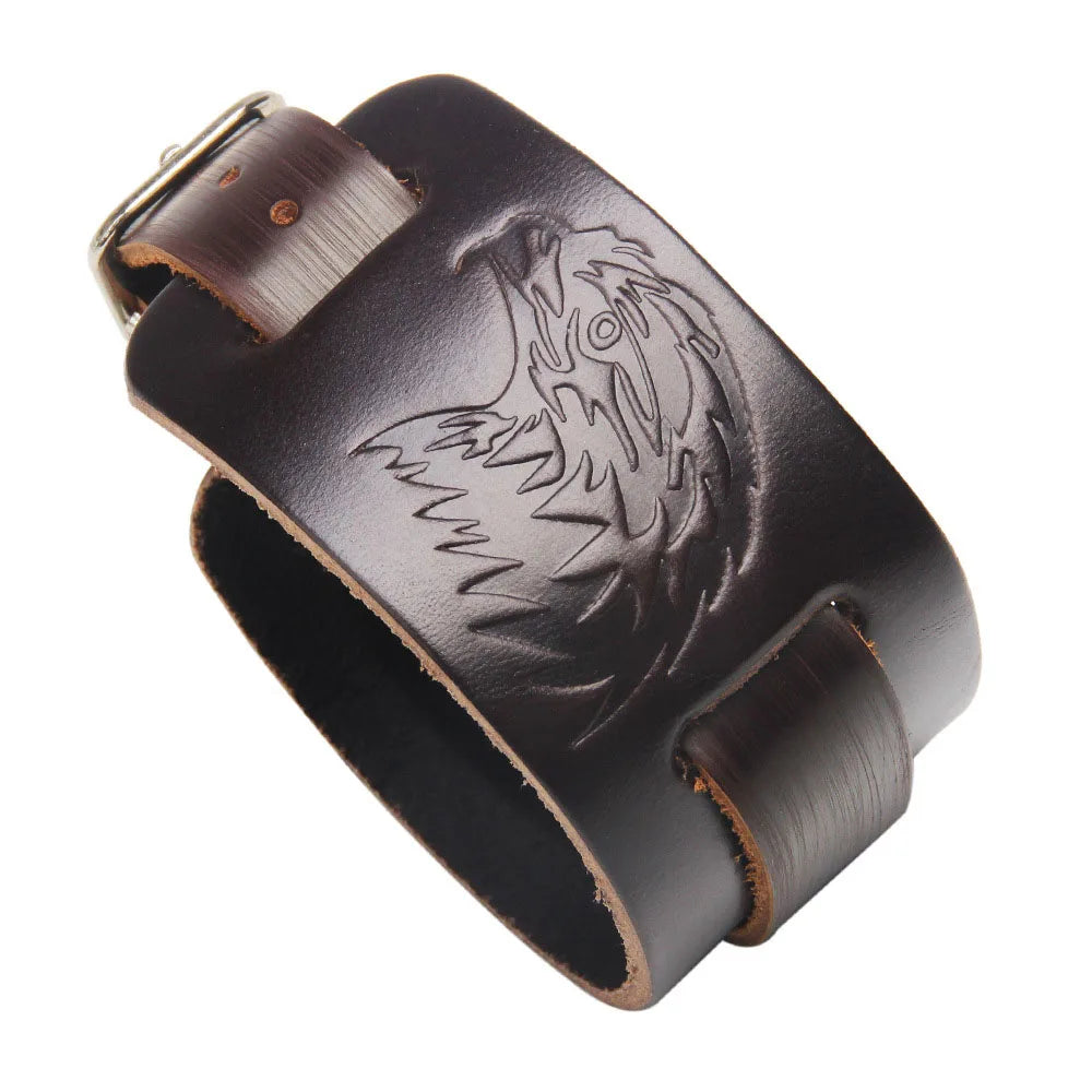 Pulsera ancha de cuero genuino para hombre, estilo punk, ajustable con doble hebilla.