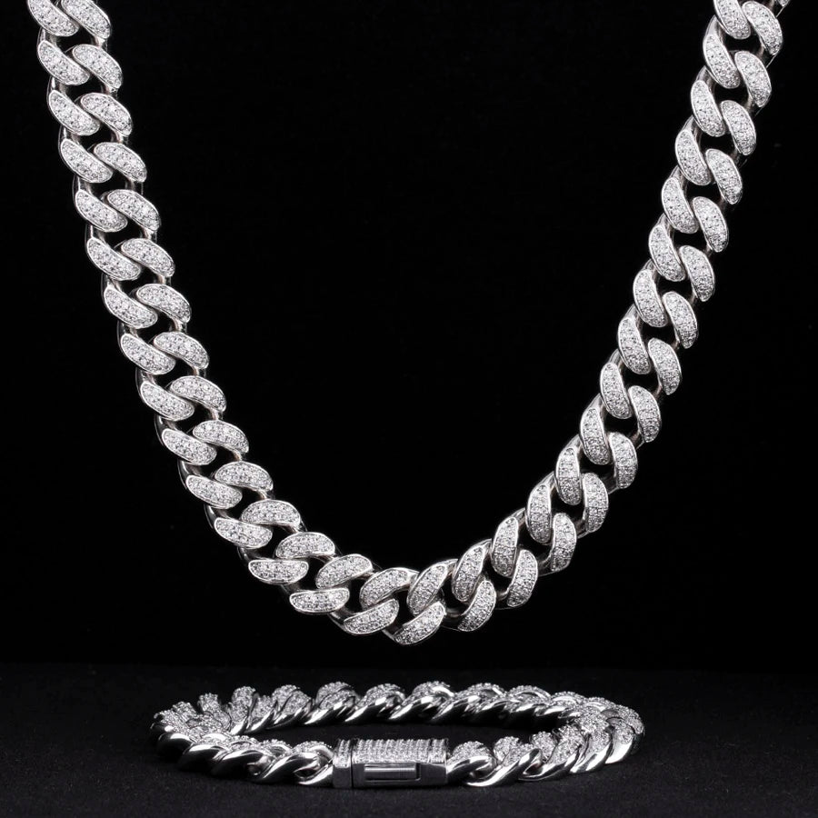 Set Cuban Link 12mm Héritage Chic – Chaîne et bracelet style iced out argenté pour homme