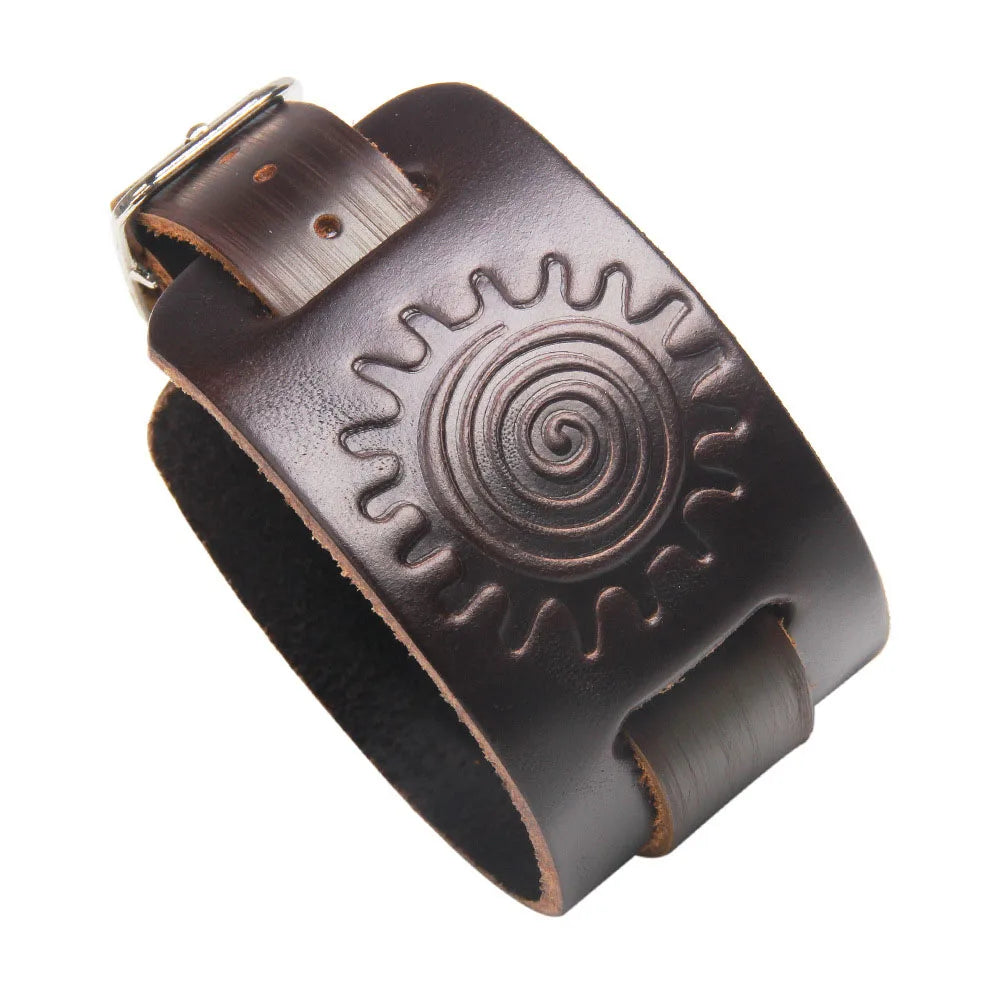 Pulsera ancha de cuero genuino para hombre, estilo punk, ajustable con doble hebilla.