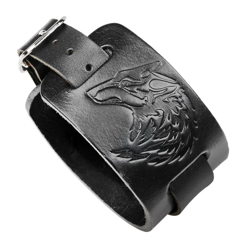 Pulsera ancha de cuero genuino para hombre, estilo punk, ajustable con doble hebilla.
