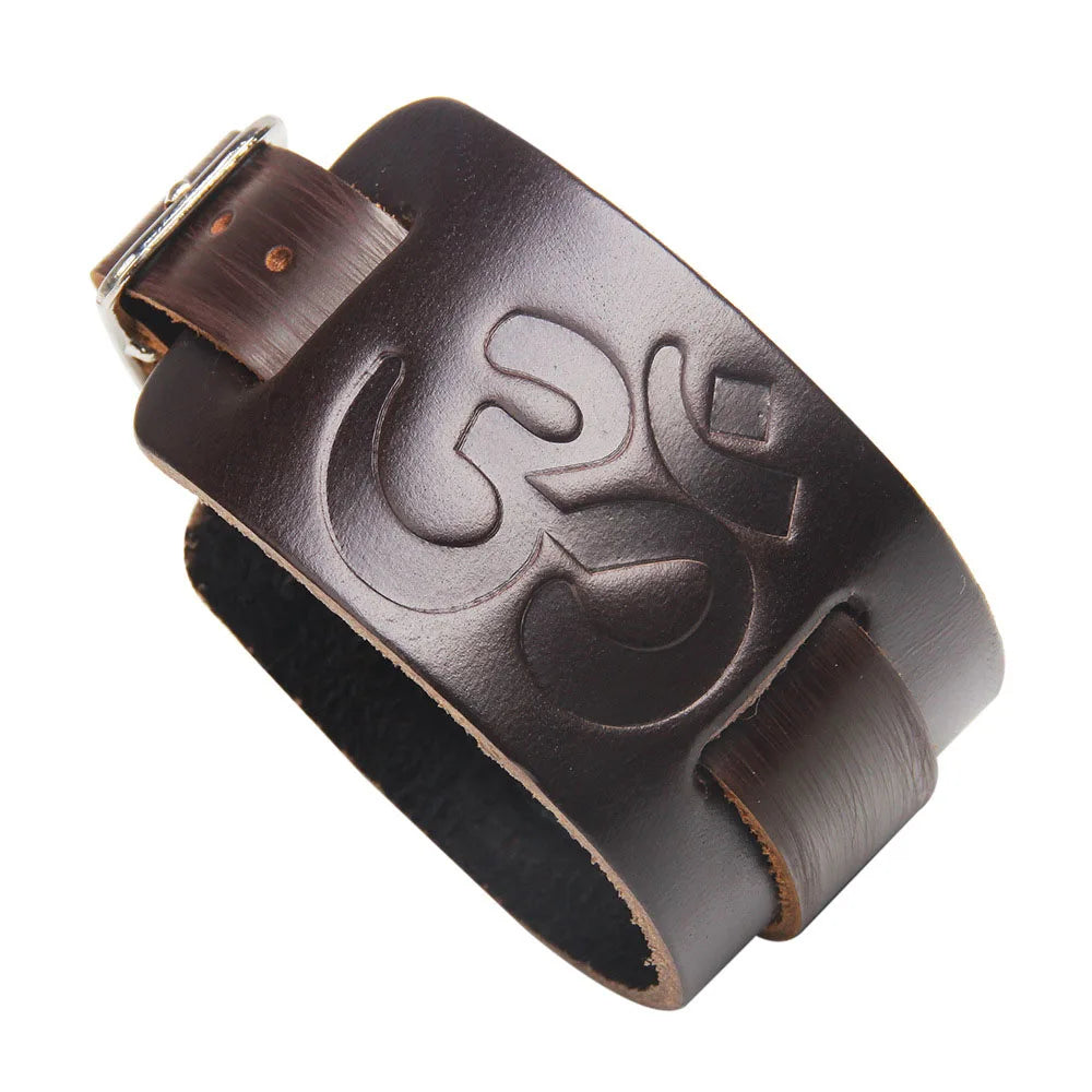 Pulsera ancha de cuero genuino para hombre, estilo punk, ajustable con doble hebilla.