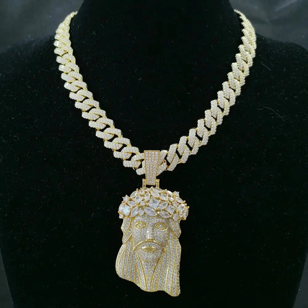 Hip Hop 5A+ CZ Stone Paved Bling Iced Out Big JESUS PIECES Pendants Necklaces for Men Rapper Jewelry with 14MM cuban chain Heritage Chic