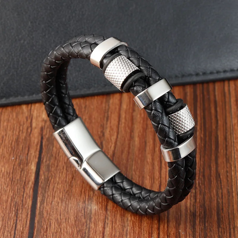 Bracelet Mixte en Cuir Véritable & Perles oeuil de Tigre, Fermoir Acier Inoxydable Magnétique