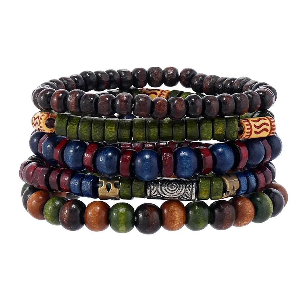 Bracelet Homme Bohème – Ensemble de Bracelets en Bois Naturel Tendance et Fait Main