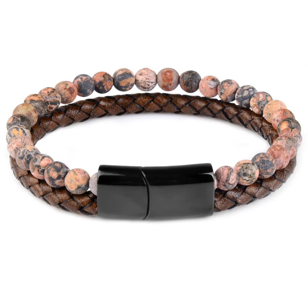 Pulsera de ojo de tigre para hombre: cuero auténtico y acero magnético negro