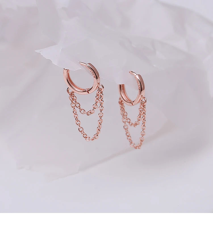 Boucles d’Oreilles Anneaux Argent 925 à Doubles Chaînes – Style Moderne et Minimaliste