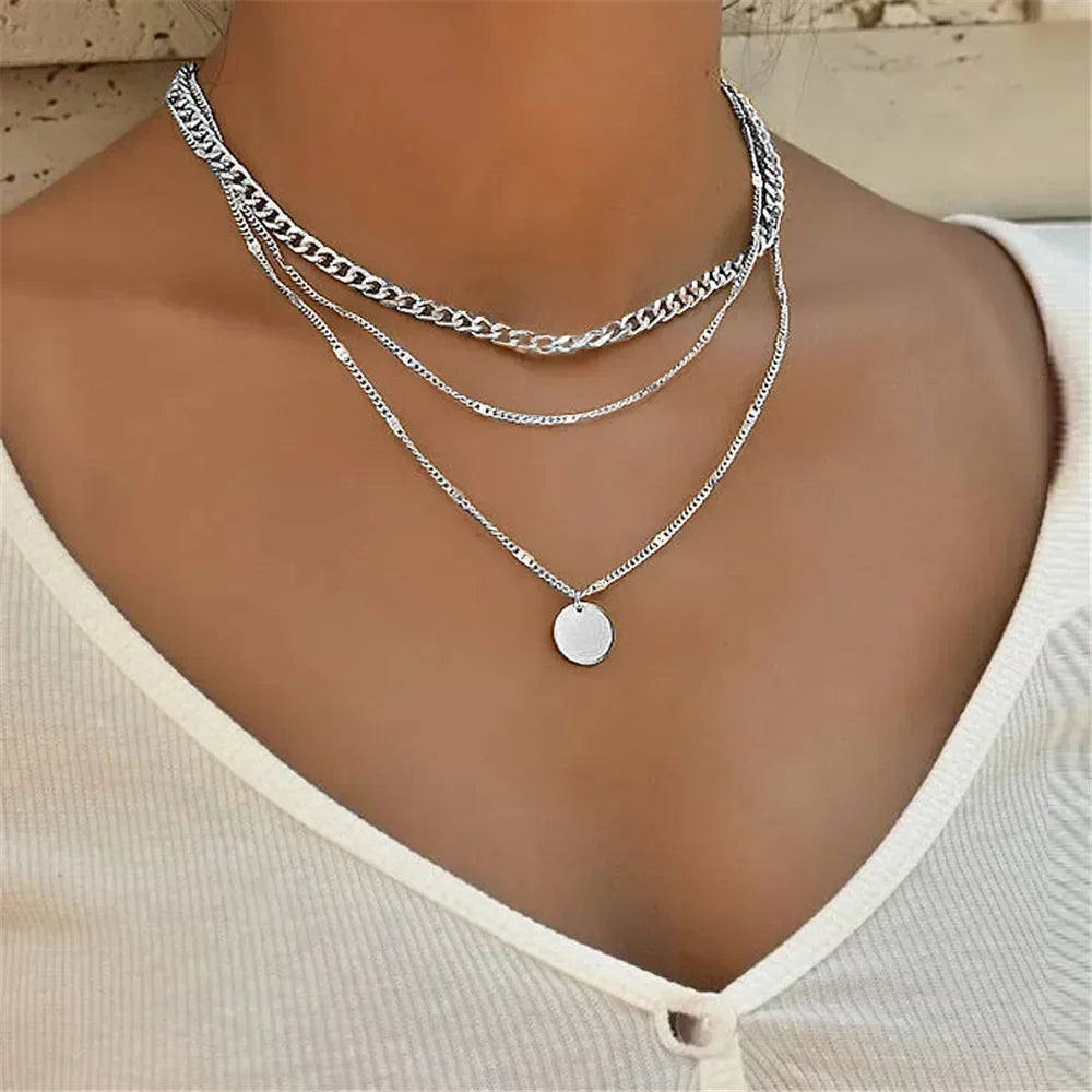 Collier Femme Argenté 925 à Trois Rangs – Style Minimaliste avec Médaillon Rond
