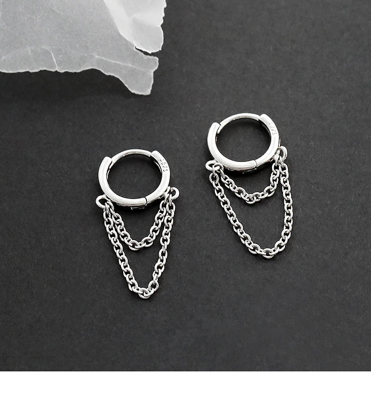Boucles d’Oreilles Anneaux Argent 925 à Doubles Chaînes – Style Moderne et Minimaliste