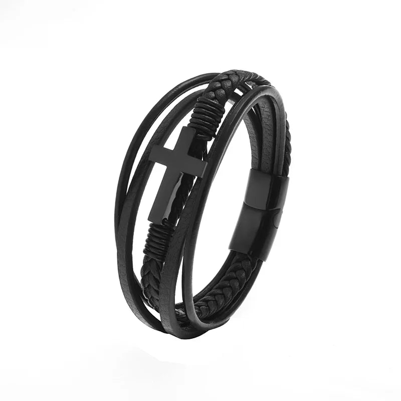 Bracelet en cuir noir et acier – Motif croix décorative