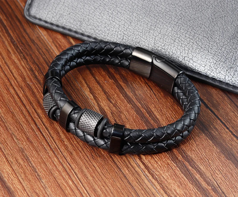 Bracelet Mixte en Cuir Véritable & Perles oeuil de Tigre, Fermoir Acier Inoxydable Magnétique