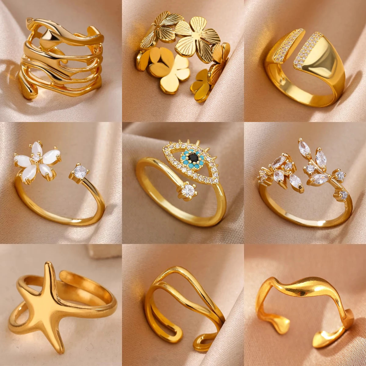 Bague œil Protecteur – Acier Inoxydable Doré, Ajustable, Design Géométrique avec Zircone