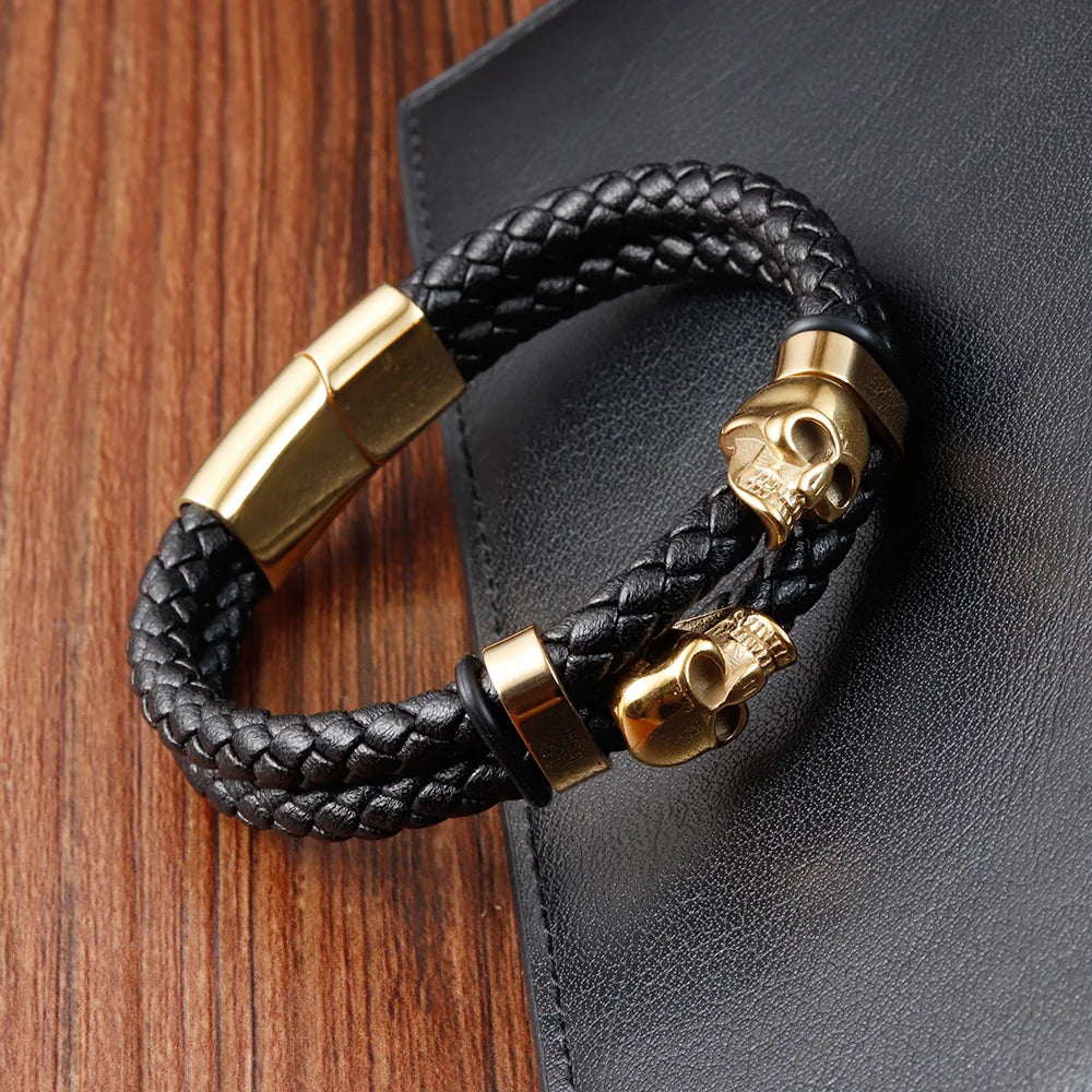 Bracelet Cuir Noir Tressé Homme et Style Punk à Fermoir Magnétique en Acier Inoxydable