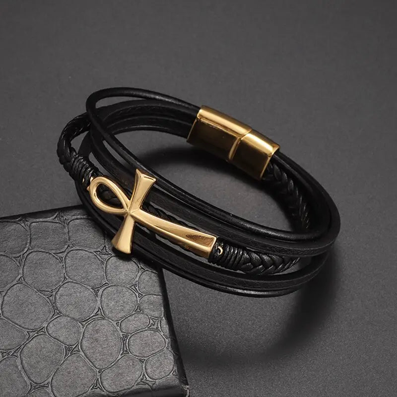 Bracelet en cuir noir et acier – Motif croix décorative