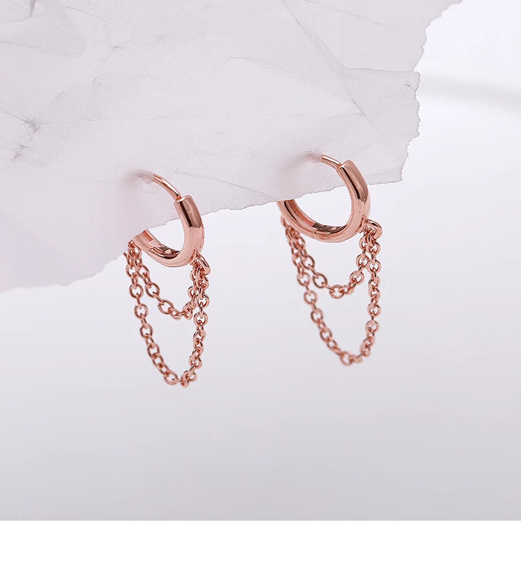Boucles d’Oreilles Anneaux Argent 925 à Doubles Chaînes – Style Moderne et Minimaliste