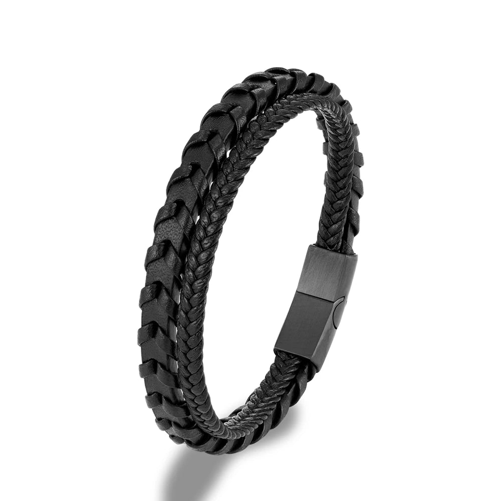 Bracelet Homme Cuir Tressé Noir et Fermoir Acier Inoxydable Magnétique et Élégance Discrète