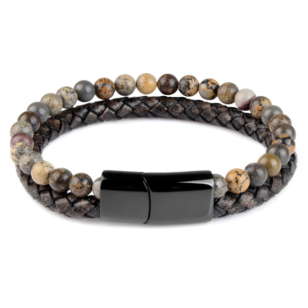 Pulsera de ojo de tigre para hombre: cuero auténtico y acero magnético negro