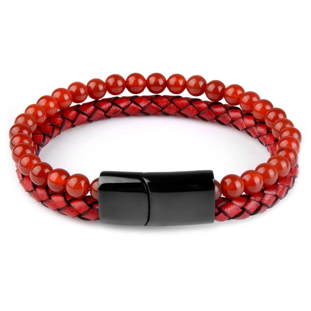 Pulsera de ojo de tigre para hombre: cuero auténtico y acero magnético negro
