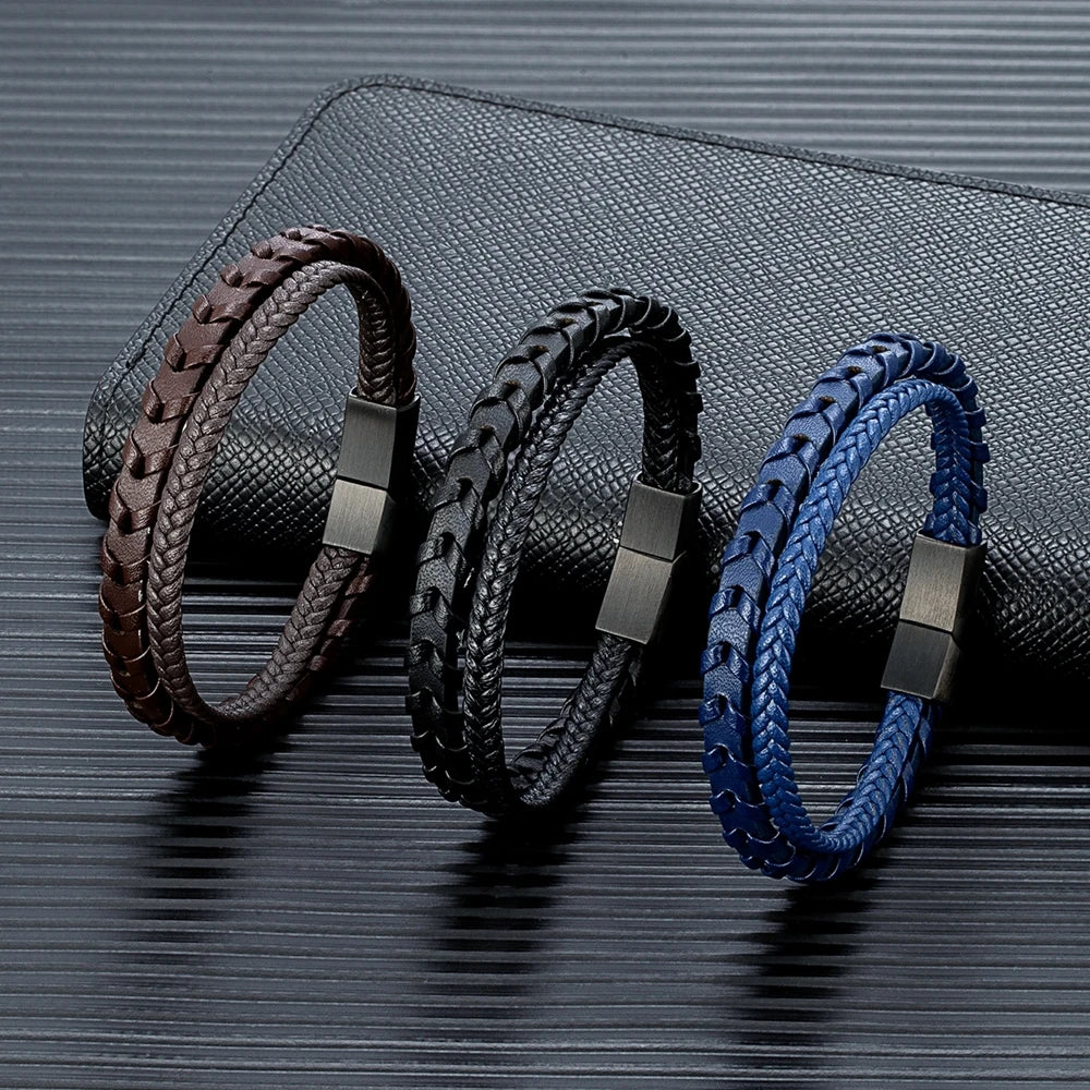 Bracelet Homme Cuir Tressé Noir et Fermoir Acier Inoxydable Magnétique et Élégance Discrète