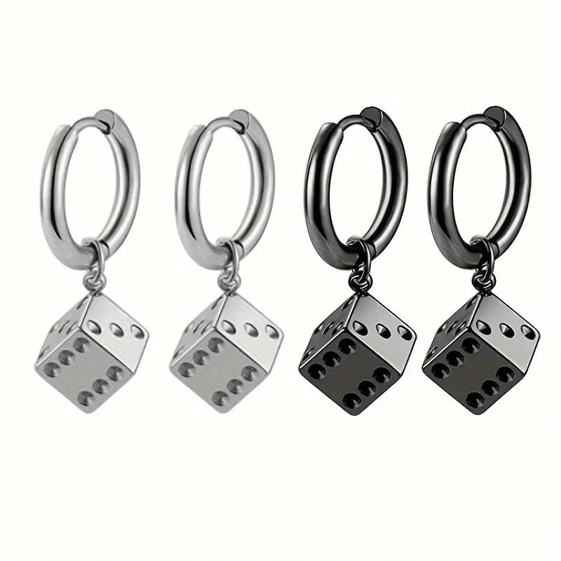 Men's Dice Earring - Silver Stainless Steel, Trendy Style