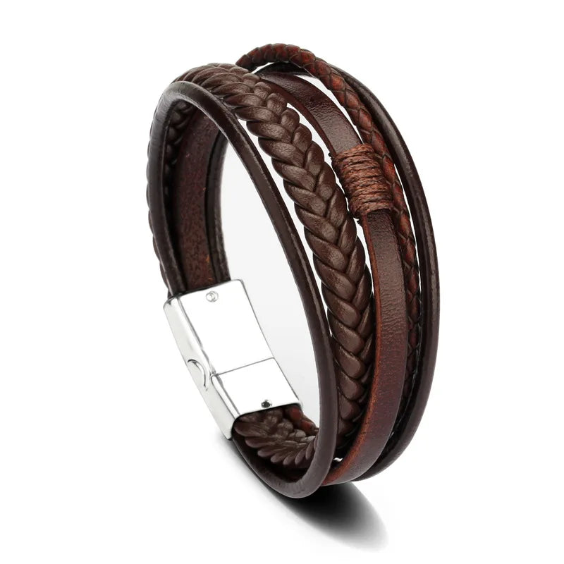 Pulsera trenzada de cuero y acero inoxidable para hombre – Multicapa – Elegante y moderna