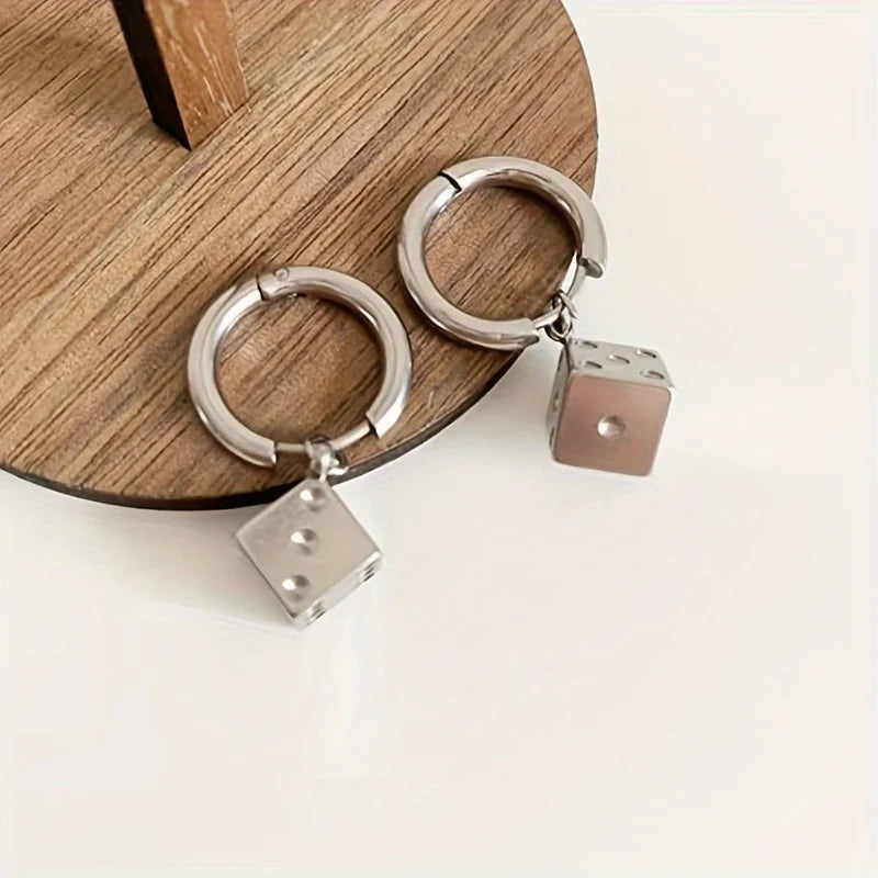 Men's Dice Earring - Silver Stainless Steel, Trendy Style