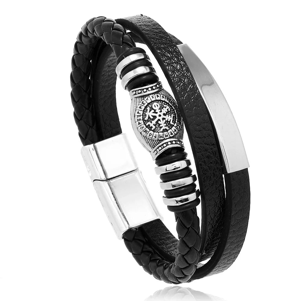 Pulsera trenzada de cuero y acero inoxidable para hombre – Multicapa – Elegante y moderna