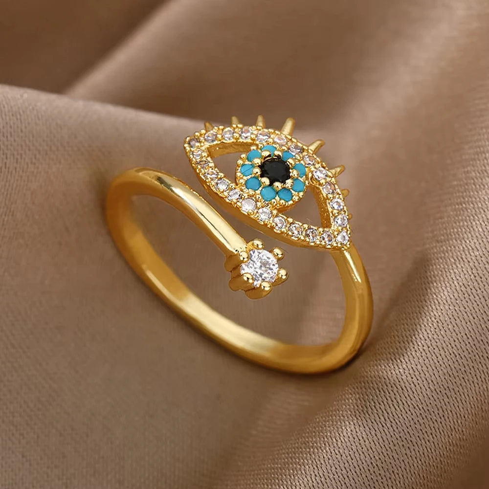 Bague œil Protecteur – Acier Inoxydable Doré, Ajustable, Design Géométrique avec Zircone
