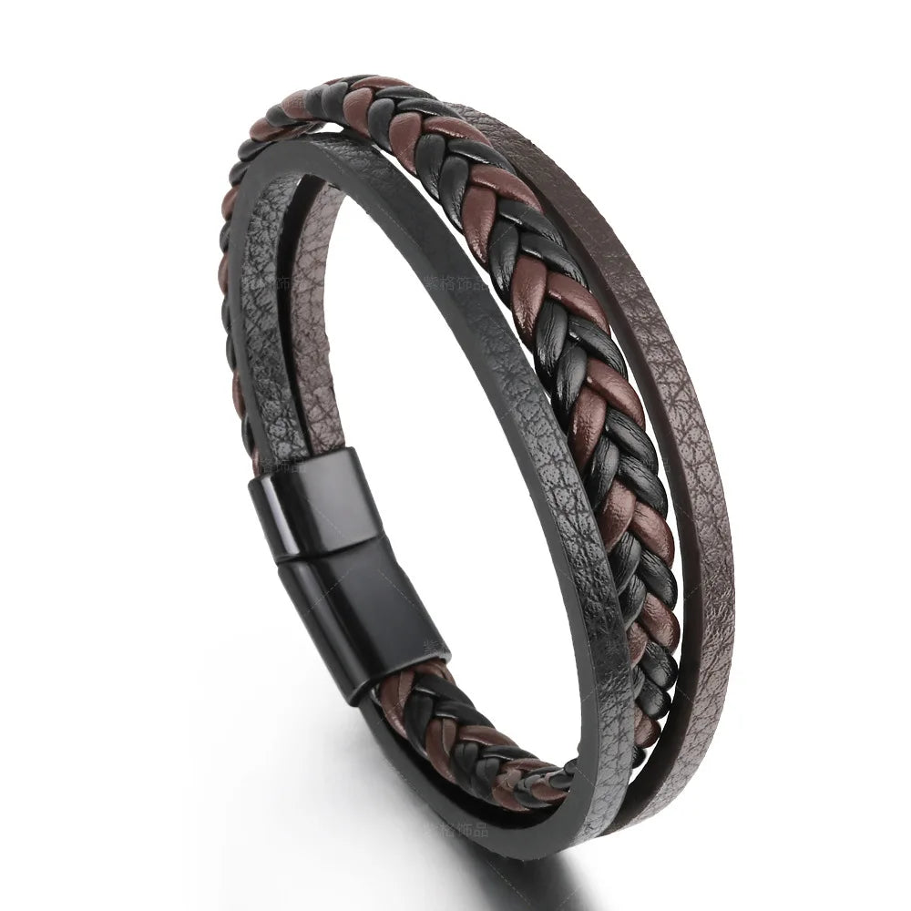 Pulsera trenzada de cuero y acero inoxidable para hombre – Multicapa – Elegante y moderna