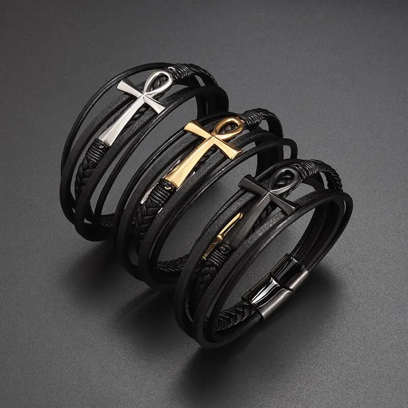 Bracelet en cuir noir et acier – Motif croix décorative