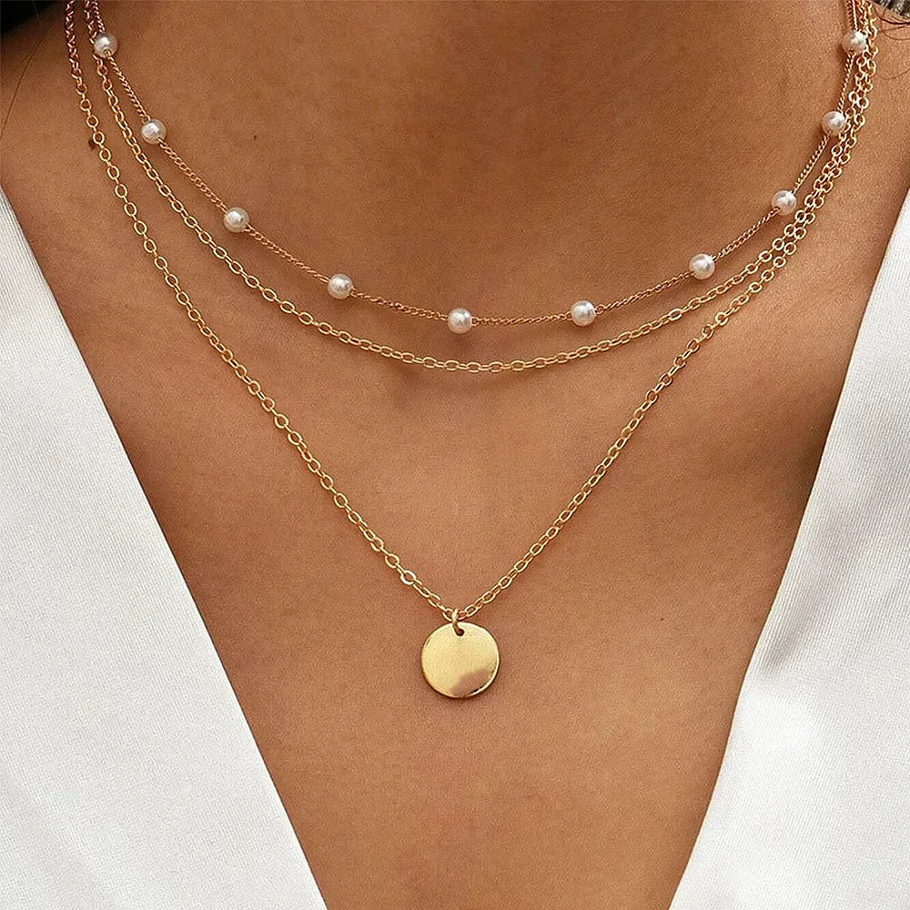 Collier Femme Argenté 925 à Trois Rangs – Style Minimaliste avec Médaillon Rond