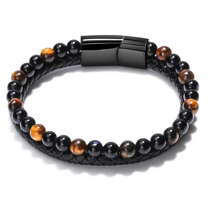 Pulsera de piedra natural: ojo de tigre, ónix y lava. Estilo unisex y equilibrado.