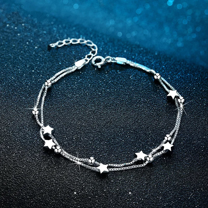 Bracelet Femme Argenté 925 – Double Chaîne Brillante Ajustable Style Coréen