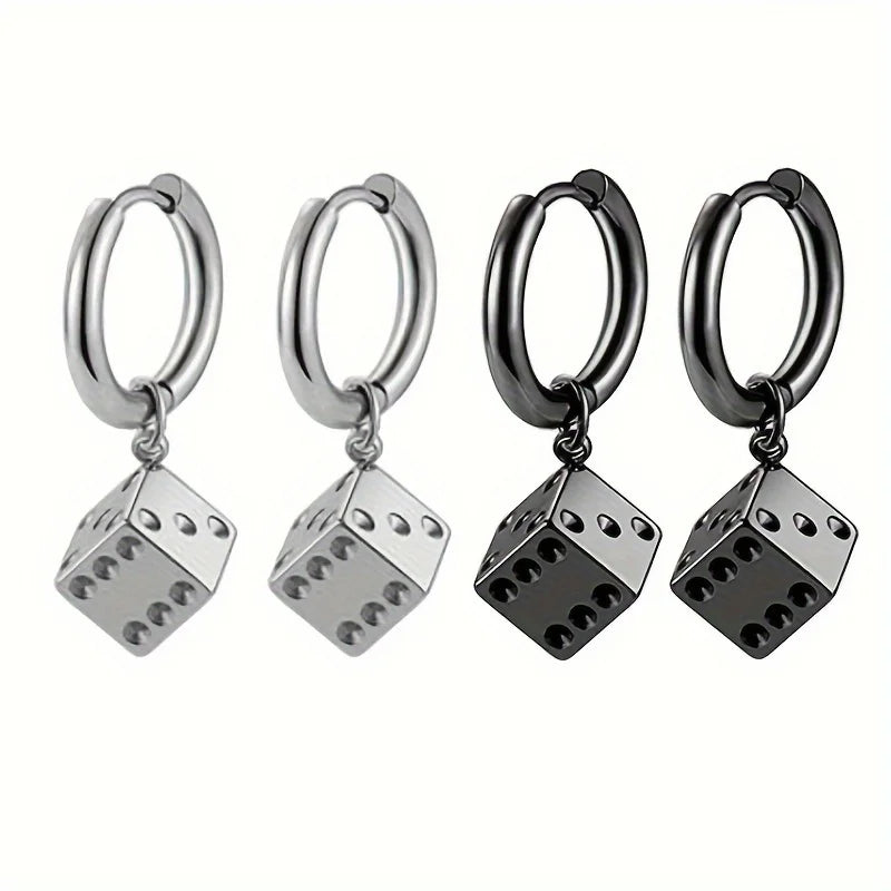 Men's Dice Earring - Silver Stainless Steel, Trendy Style