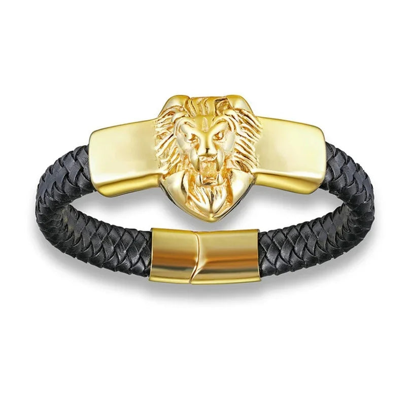 Bracelet en cuir noir et acier – Motif croix décorative