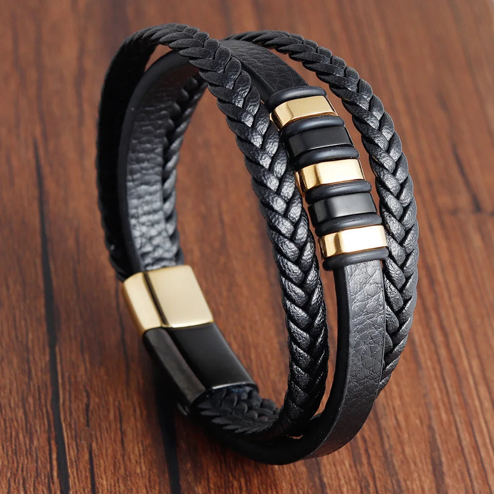 Bracelet Mixte en Cuir Véritable & Perles oeuil de Tigre, Fermoir Acier Inoxydable Magnétique