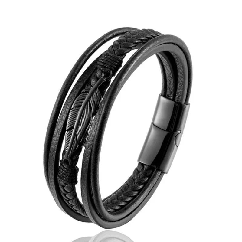 Bracelet en cuir noir et acier – Motif croix décorative