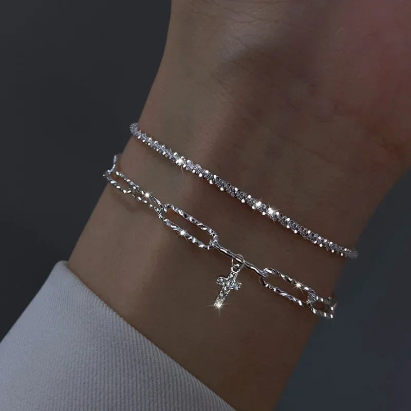 Bracelet Femme Argenté 925 – Double Chaîne Brillante Ajustable Style Coréen